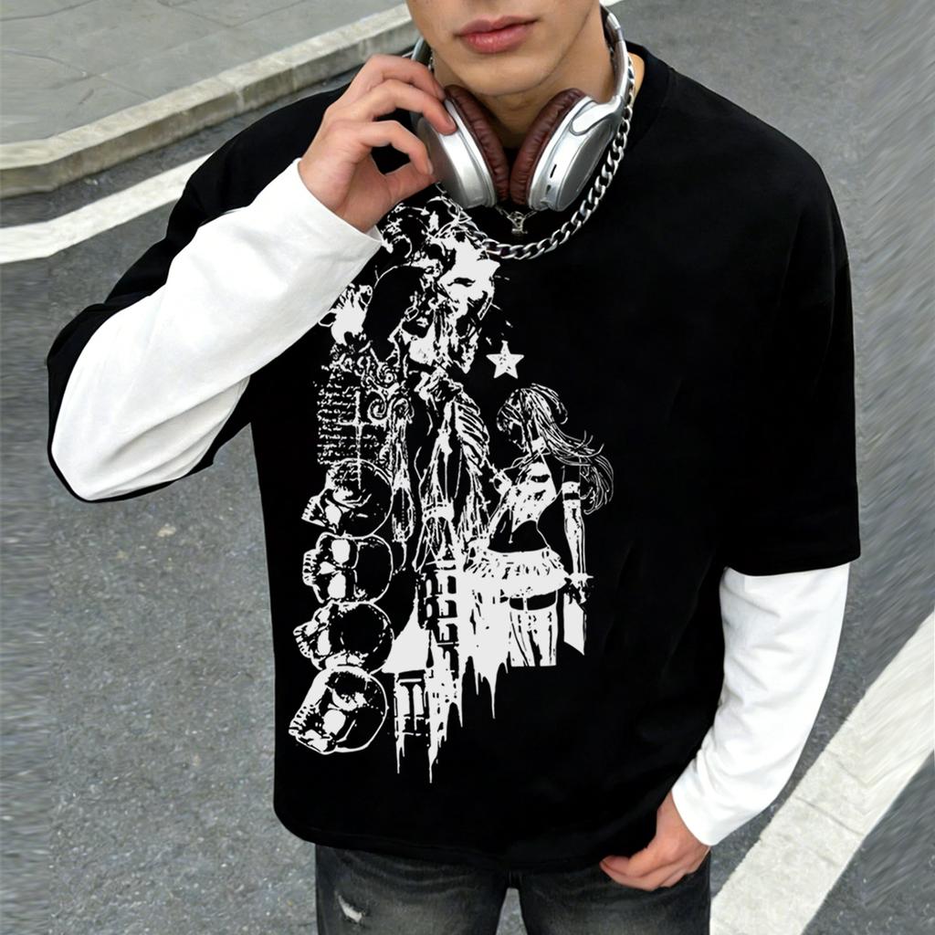 Dark Skeleton Two-Piece Long-Sleeve T-Shirt: Subculture Punk Streetwear, Perfect for Couples