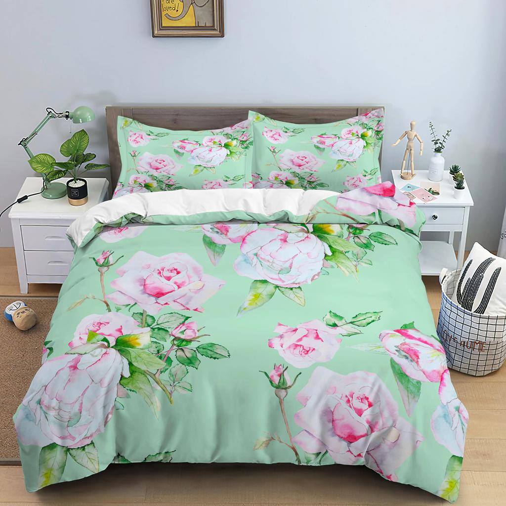 Flower Bedding Set Colorful Floral Duvet Cover Queen King Size Green Leaves Blossom Quilt Cover 2/3Pcs Polyester Comforter Cover