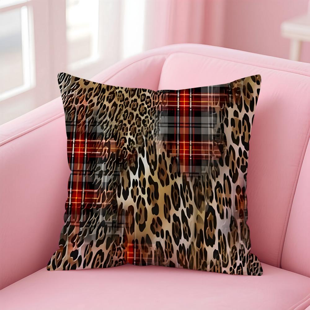 PPlaid and Leopard Print Textures Cushion Cover Pillowcase Short Plush Invisible zipper Room Sofa Cushion Cover