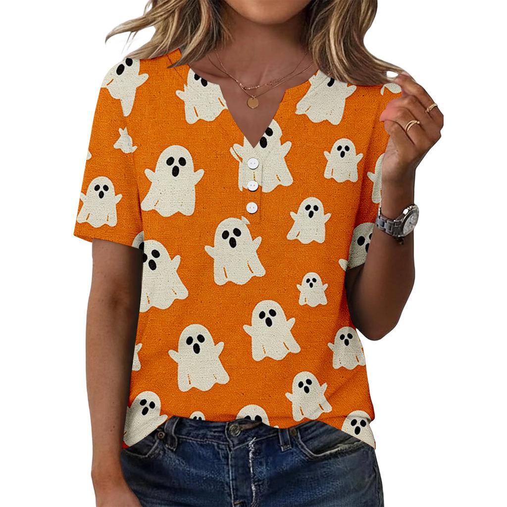 Women's Casual Halloween Print V Neck Short Sleeve Button Front T Shirt Top for Everyday Wear and Seasonal Events