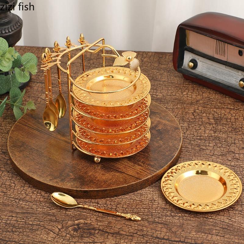 Golden Metal Dessert Plate Snack Plates 6-piece Set Cup Saucer Storage Rack Tasting Plate Cake Plates Fruit Bowl Dim Sum Dish