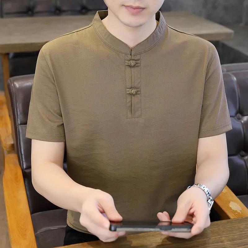 Men's Round Neck Disc Buckle Ice Silk Cotton Linen Short-sleeved T-shirt Trendy Summer New Youth Handsome Versatile T-shirt