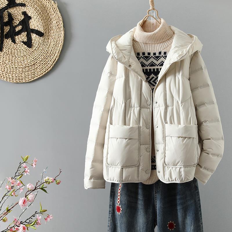 

Женская однобортная куртка-пуховик с воротником-стойкой, свободные повседневные парки с капюшоном, женские пуховики из белого утиного пуха XL бежевый