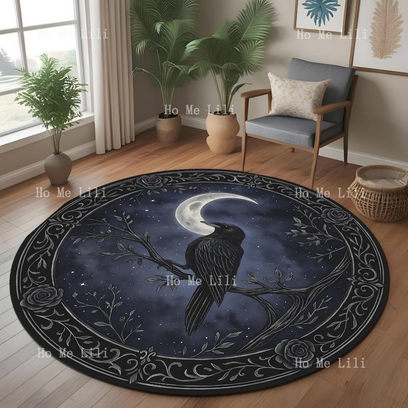 Mystical Raven Gothic Night Sky Carpet With Crescent Moon Round Rug Mat And Crow For Witchy Room Or Dark Aesthetic Decor 60X60cm