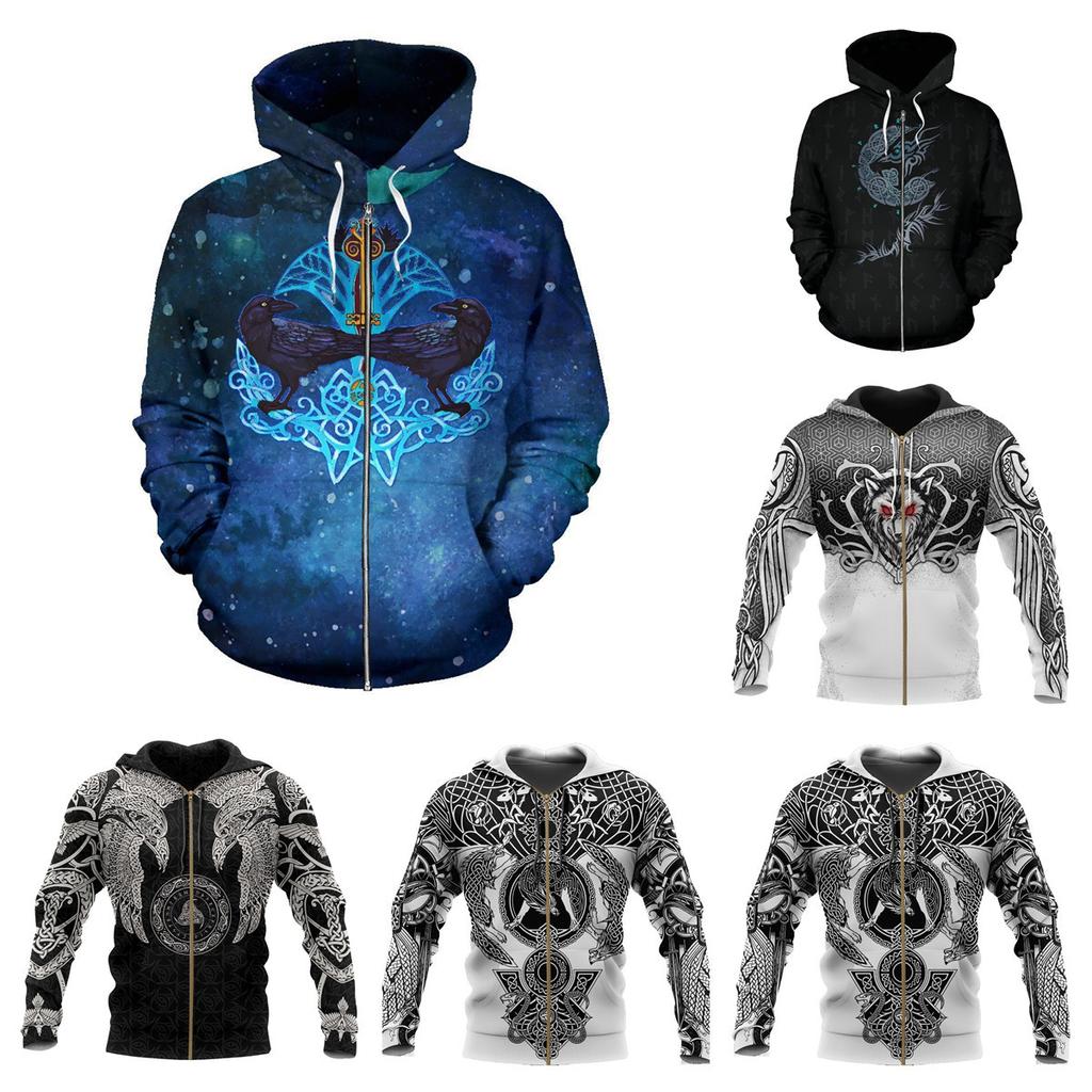 3D Tattoo Printed Sweatshirt Zipper with Hat Guard