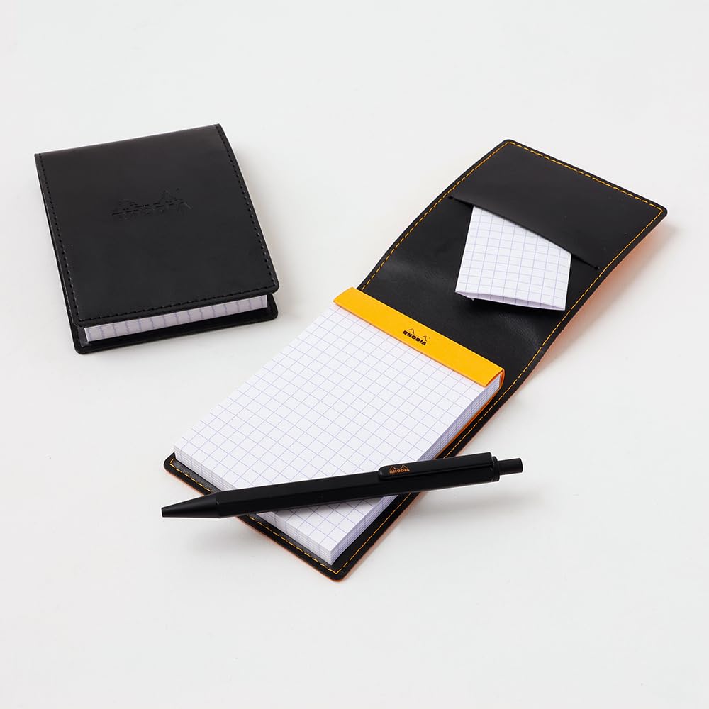 Rhodia No. 11 Notepad with Cover (A7), PU Leather, Black (Block Rhodia No. 11 with Orange, 80 Sheets, 5mm Grid, PEFC Certified) RHODIA Cf11pucvbk