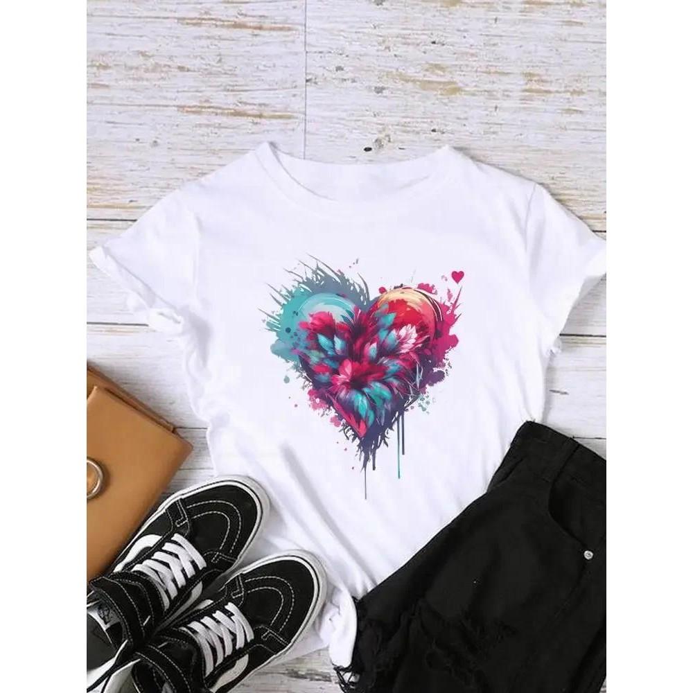 Sleeve Graphic T-shirt Women Top Print Fashion Clothing Watercolor Trend Lady Female Shirt Tee Clothes