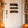 Natural Wood Halloween Decor Wooden Door Sign, Black Cats Broom Front Hanger, Rustic Multi-layer Polished Sign Hanging Welcome for Home Window