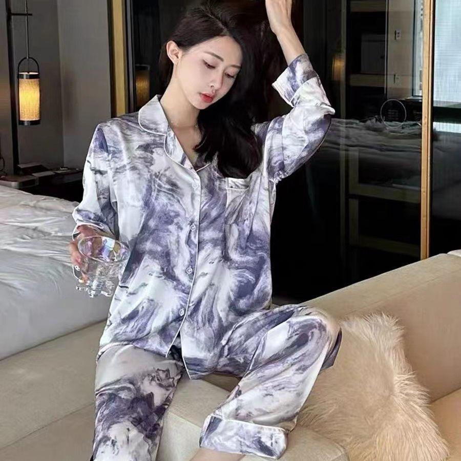 Pajamas Homewear Suit Female Spring and Fall Silk Girls Homewear Long-Sleeved Pants Simulation Silk Pajamas Homewear