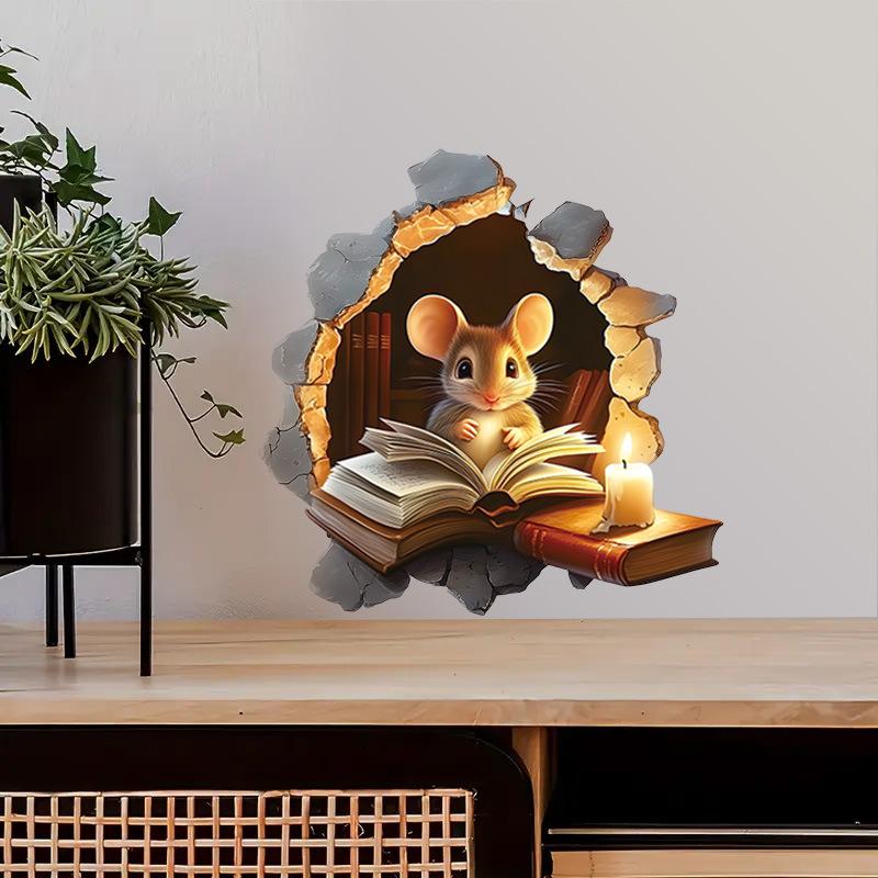 Creative Cartoon Mouse Reading Book in Mouse Hole Wall Sticker Self-Adhesive Removable for Kids Room Study Room Classroom Home Decor Art