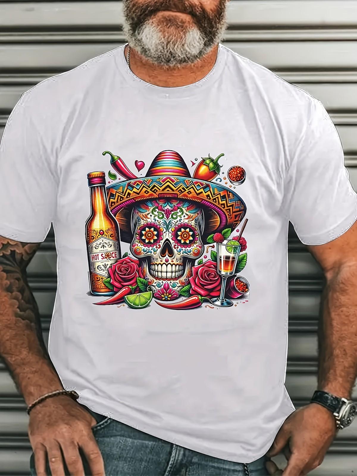 Men S Mexican Skull Pattern T-Shirt Vibrant Grim Reaper Design Featuring S