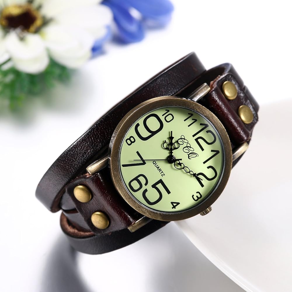 JewelryWe Antique Multi-Wrap Leather Band Watch Analog Display Quartz for Men, Women, Kids - Brown Color