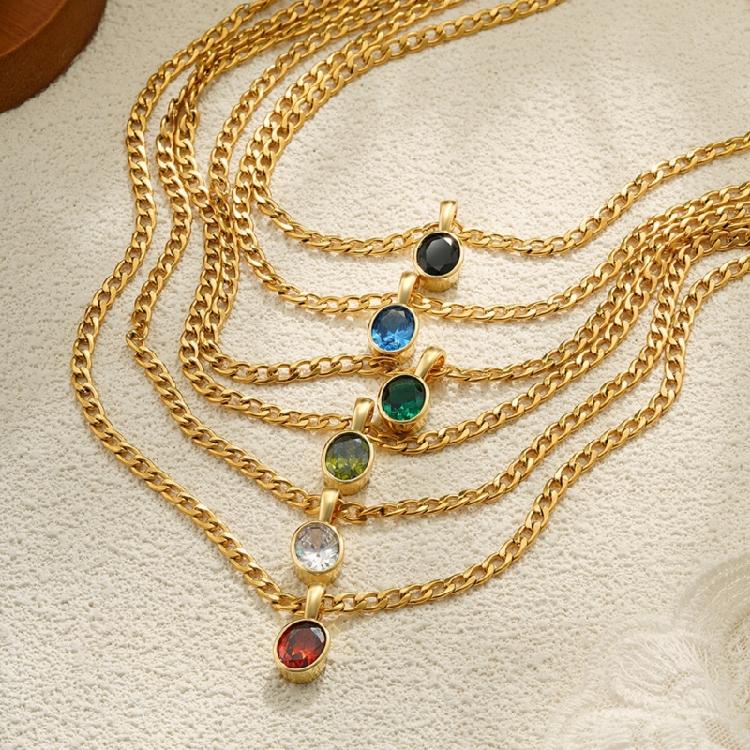 Comfortable Lightweight Oval Zirconia Pendant Necklace for Daily Use on Stainless Steel Gold Plated Chain
