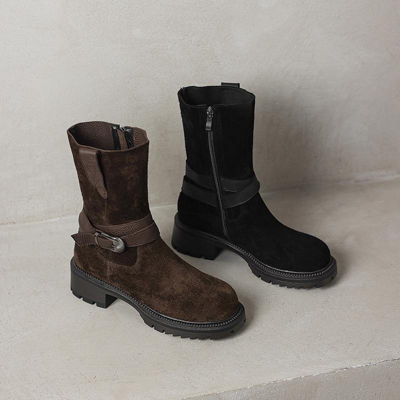 Krazing Pot Fashion Cow Suede Nubuck Winter Round Toe Modern Boots Med Heels Zipper Metal Buckle Mid-calf Boots