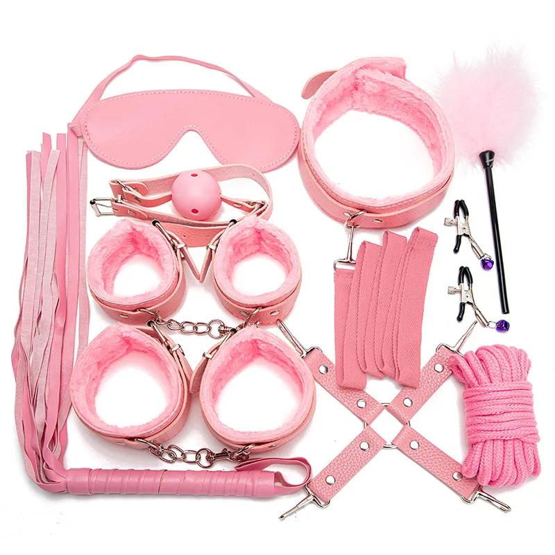 Kits Sexy Leather Plush Sex Bondage Set Handcuffs Sex Games Whip Gag Nipple Clamps Sex Toys For Couples Exotic Accessories