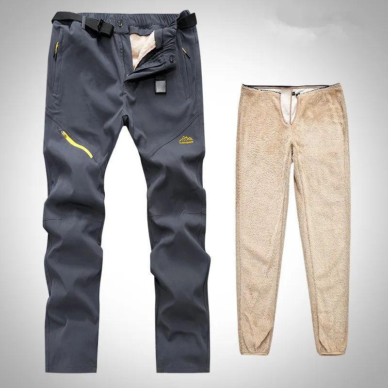Winter Thick Warm Outdoor Pants Men Tactical Waterproof Long Trousers Trekking Camping Pants Removable Fur Lined Velvet Inside