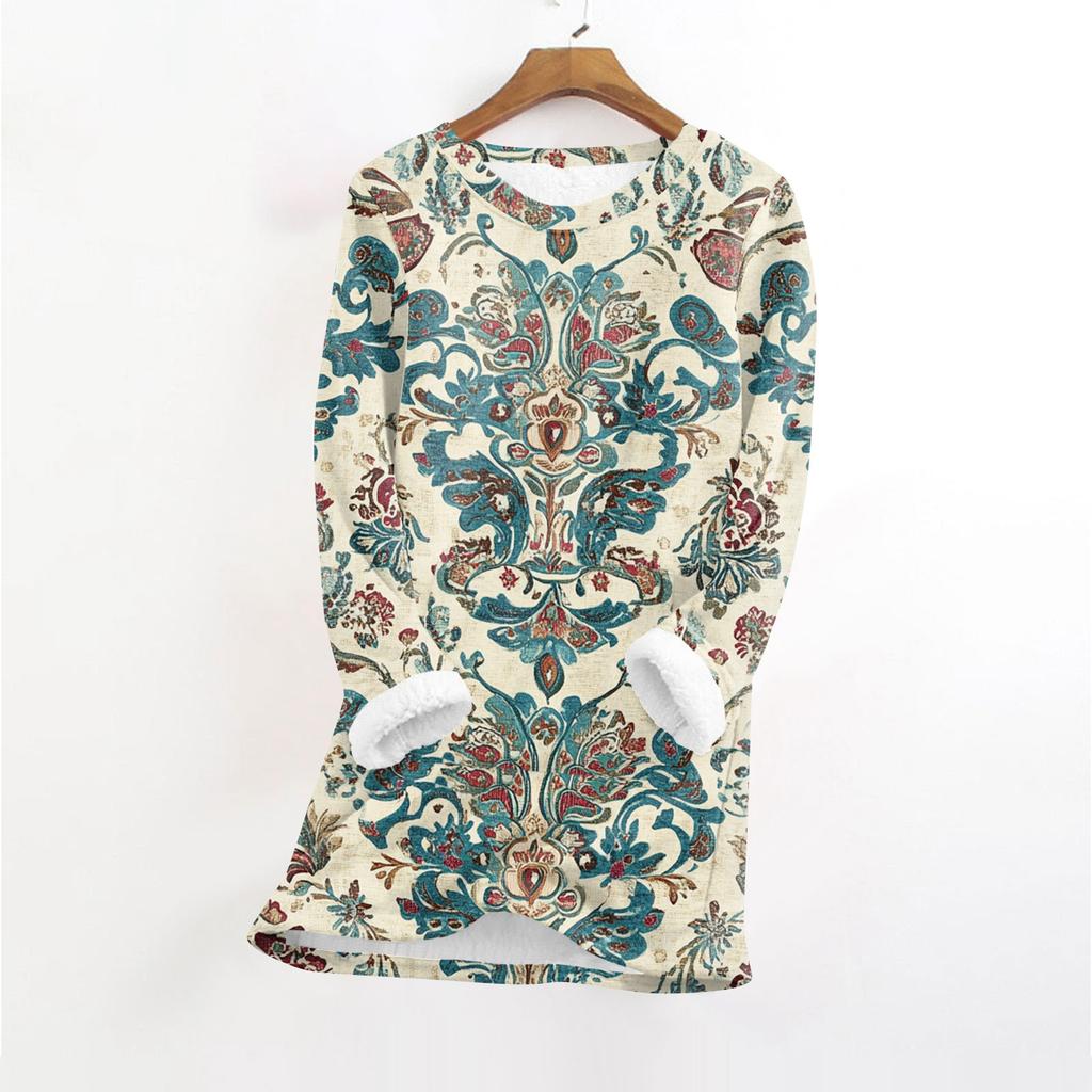 Women's Fashionable Printed Round Neck Long Sleeved Plush Warm Pullover Top