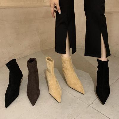 2025 Herbst und Winter spitze dünne Absatz elastische Stiefel Internet-Berühmtheit dünne Stiefel mittelhohe Stiefel matt hoher Absatz Samt Pendler Kurzstiefel Damen