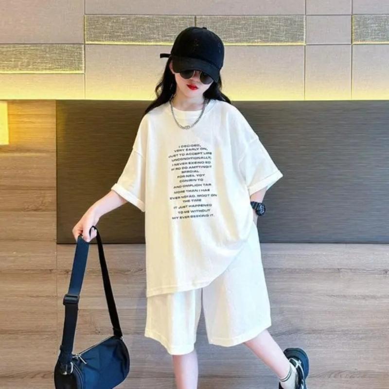 Summer Girls Suit Child Set Cloth Letters Short-Sleeved Loose T-shirt + Short Pants Teenager Tracksuits Kids 4-12 Year