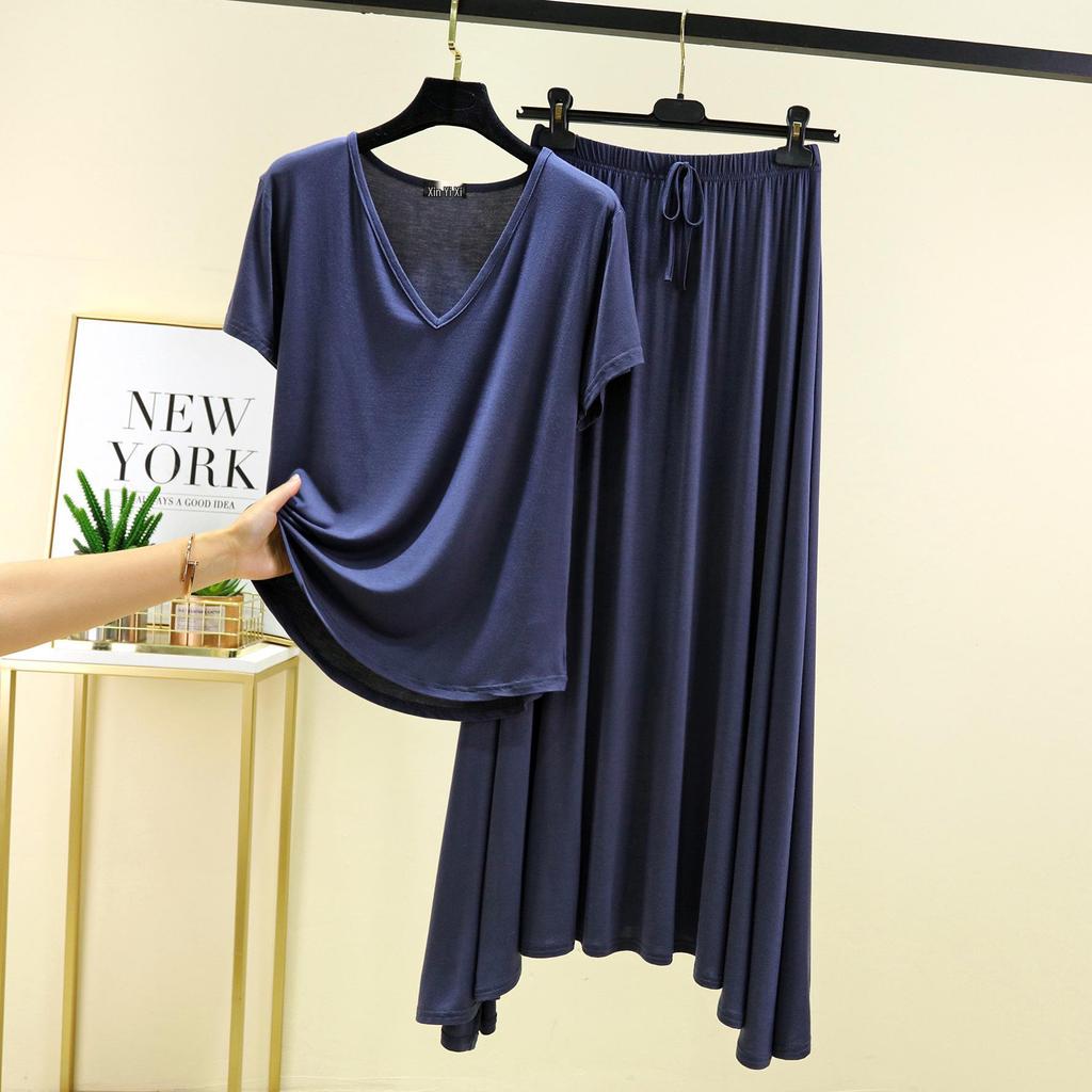 Modal V-Neck Short-Sleeve Midi Skirt Set: Women's Plus Size Korean-Style Casual Two-Piece Outfit