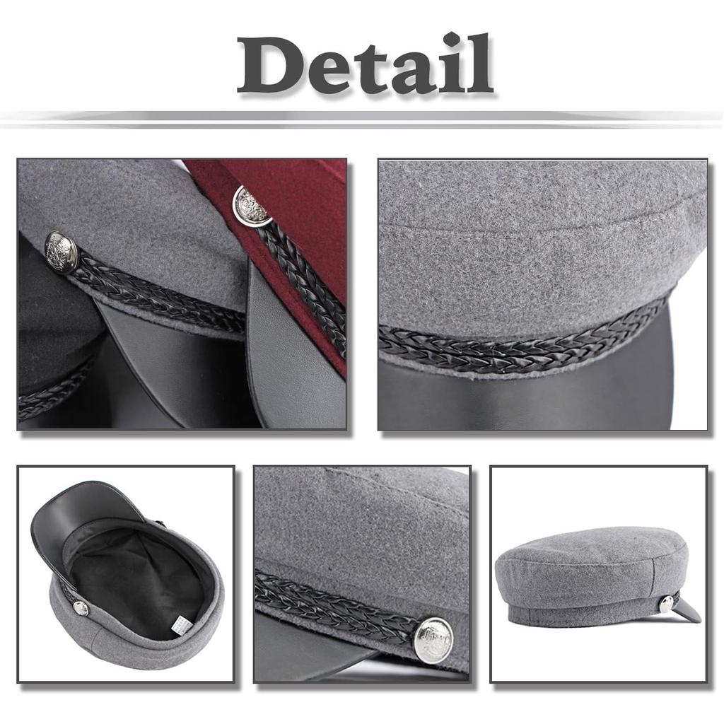 Marine Cap Wool Newsboy Hat Brim PU Leather Going Out Women Men CZ154 [White Fang] (Light Gray)