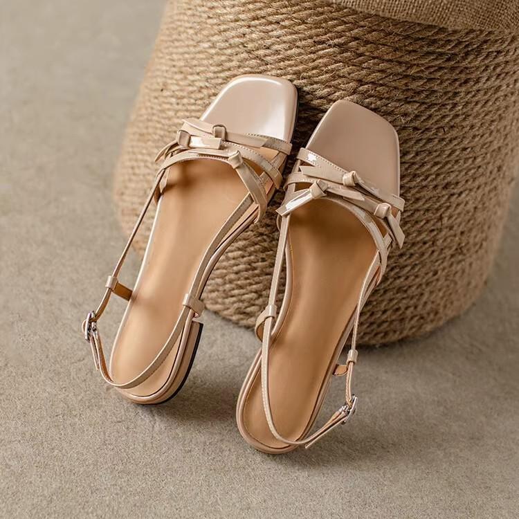 French Square Head Bow Flat Sandals Women's Summer 2025 New Niche Design Sense Woven Beach Sandals