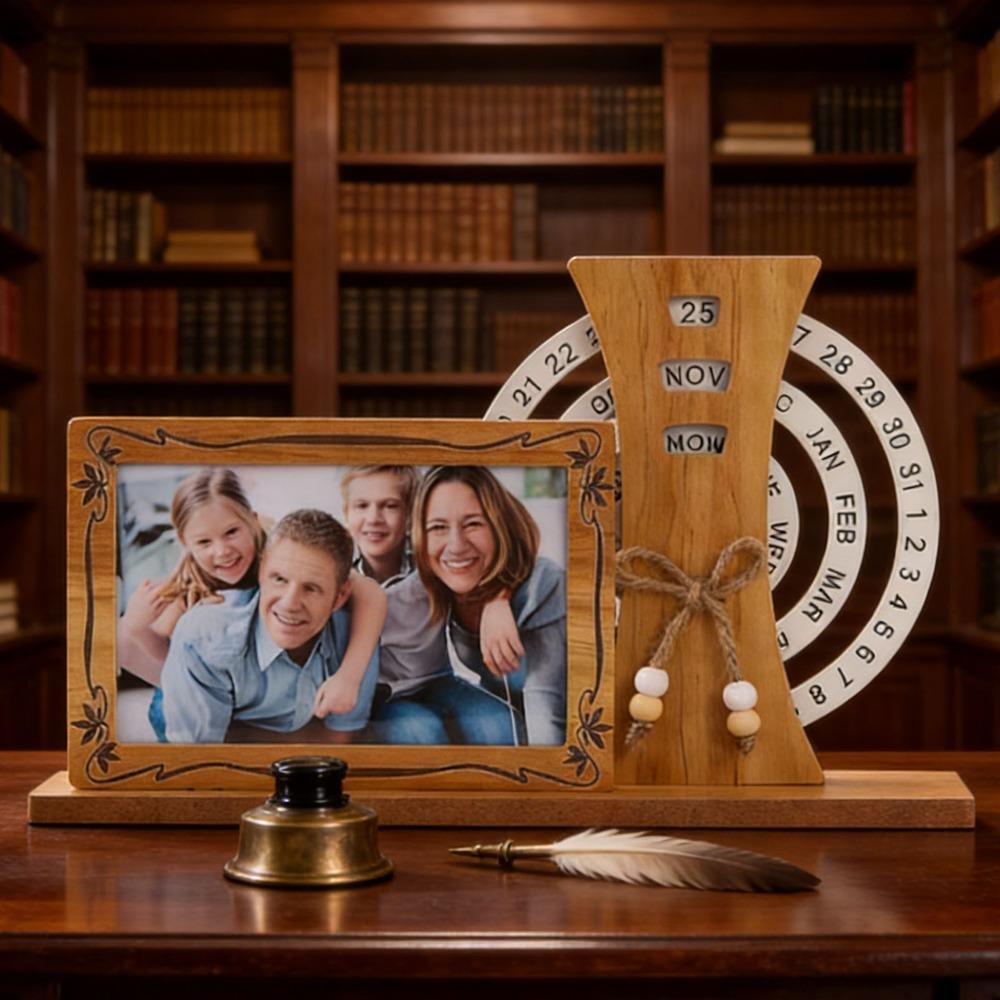 Rotating Display Eternal Calendar Photo Frame Wooden Rotating Calendar Ornament Office Decoration