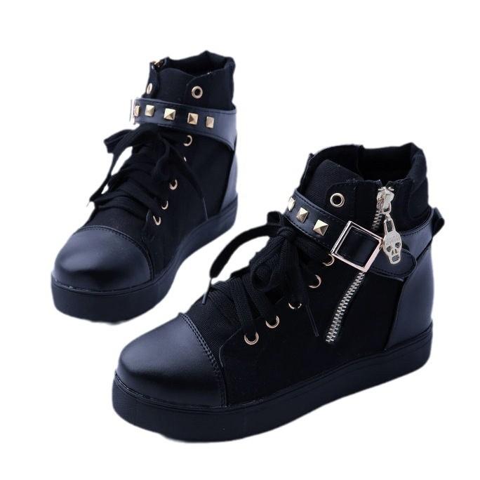 Foreign Trade Canvas Shoes Zipper Rivet Belt Buckle Shoe Chain High-top Leisure Sports Women's Shoes Size 43 Versatile Martin Boots
