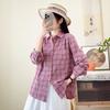 New Retro Literary Double-layer Cotton Yarn Plaid Shirt Japanese Casual Style Loose and Thin Pure Cotton Long-sleeved Shirt Women
