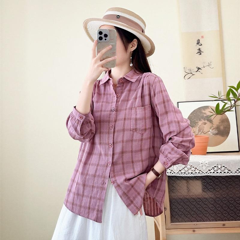 New Retro Literary Double-layer Cotton Yarn Plaid Shirt Japanese Casual Style Loose and Thin Pure Cotton Long-sleeved Shirt Women