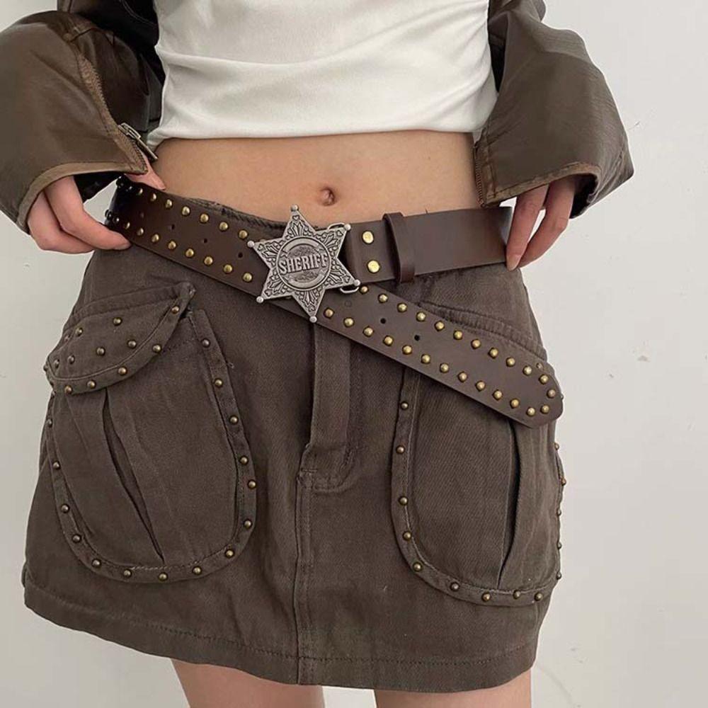 Wide Side Star PU Leather Belt Rivet Trouser Decoration Elegant Y2k Style Waist Belt  Party