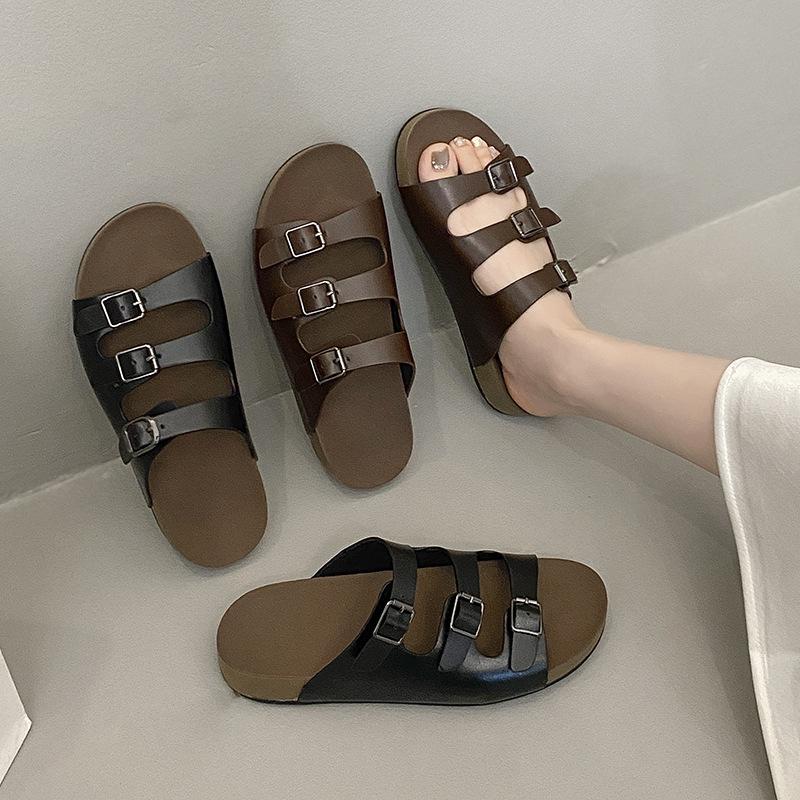 Thick-bottomed cool slippers for women's summer wear French retro Boken semi-mop seaside beach soft bottom fashion one-word mop