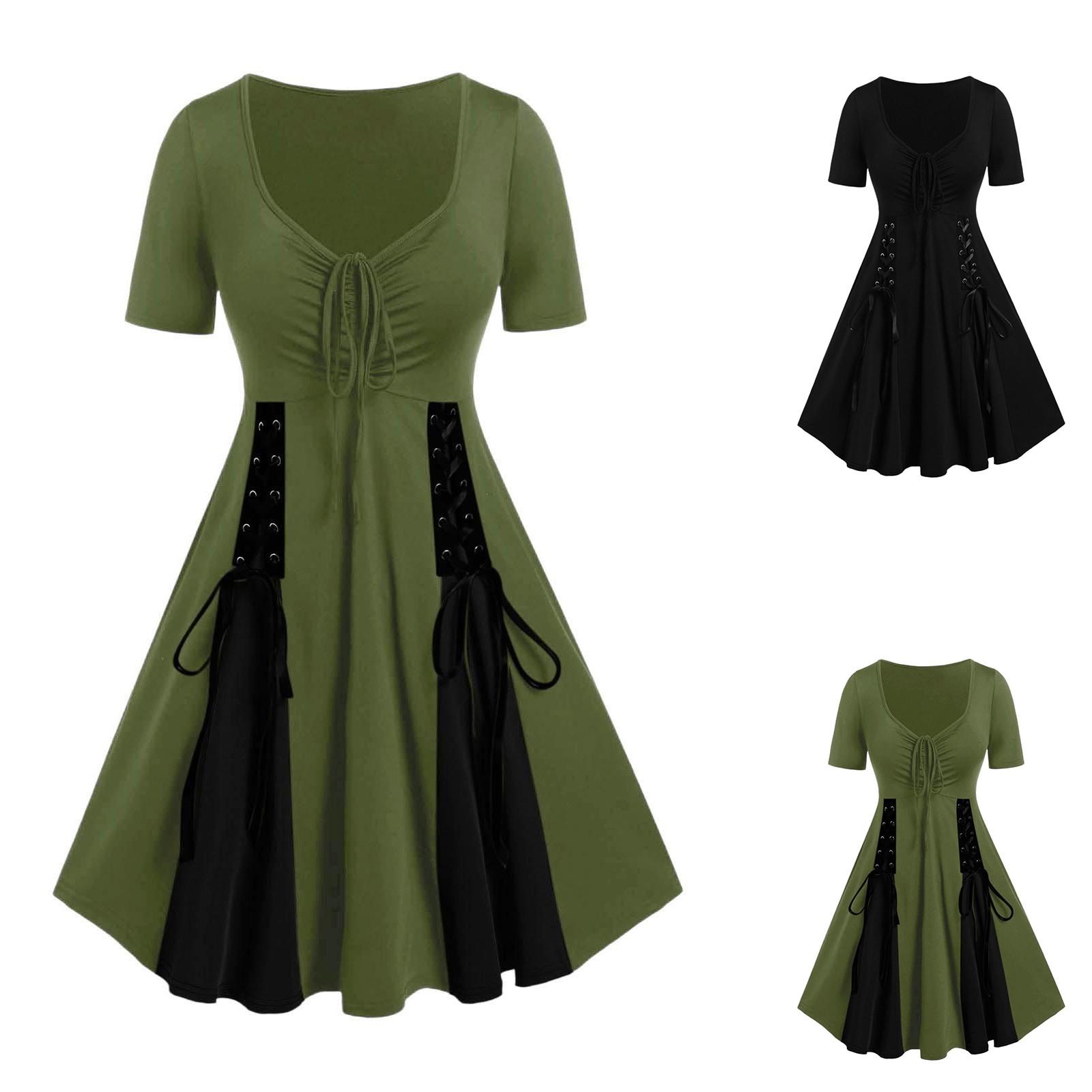 

Женское готическое винтажное платье Готическое женское платье с коротким рукавом, присборенным V-образным вырезом, А-силуэта L