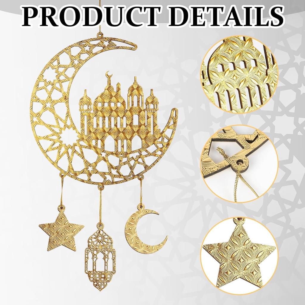 2 Pieces Eid Mubarak Door Sign Wooden Hanging Signs, Ramadan Kareem Hollow Ornament Decorations Moon and Stars, Moon Shape Ramadan Mubarak Party Wood