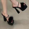 Sexy Slippers Women Rhinestone Fluffy Feather Sandals Platform Chunky High Heels Party Nightclub Ladies Mules Shoes