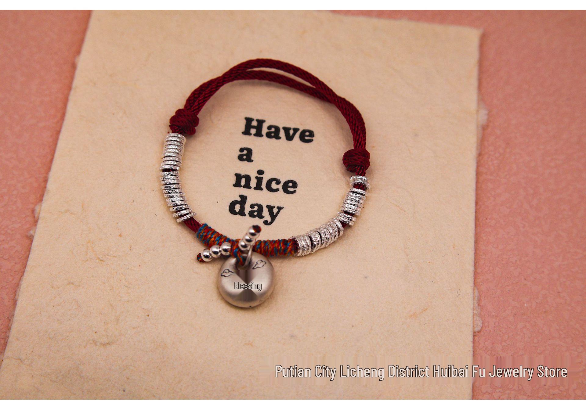 Pure Silver S999 Coin-Shaped Fu Pendant with Red Rope Bracelet Pure Silver