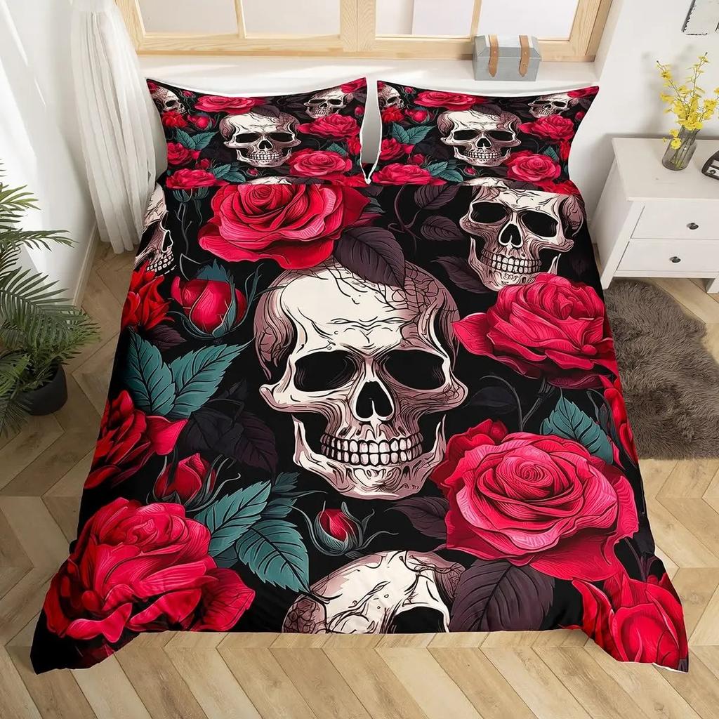 Sugar Skull Duvet Cover Colorful Vintage Floral Bedding Set Hippie Mexico Style Comforter Cover Gothic Skeleton Quilt Cover
