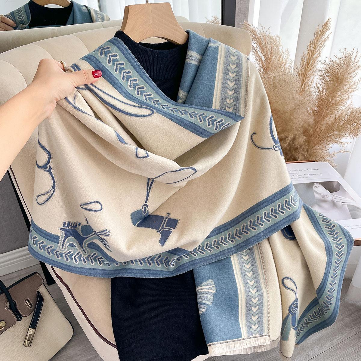 Winterlicher Kaschmirschal für Damen, luxuriöser Schal mit Pferdeprint, dicker, warmer Schal, Geschenkidee, Pashmina gray