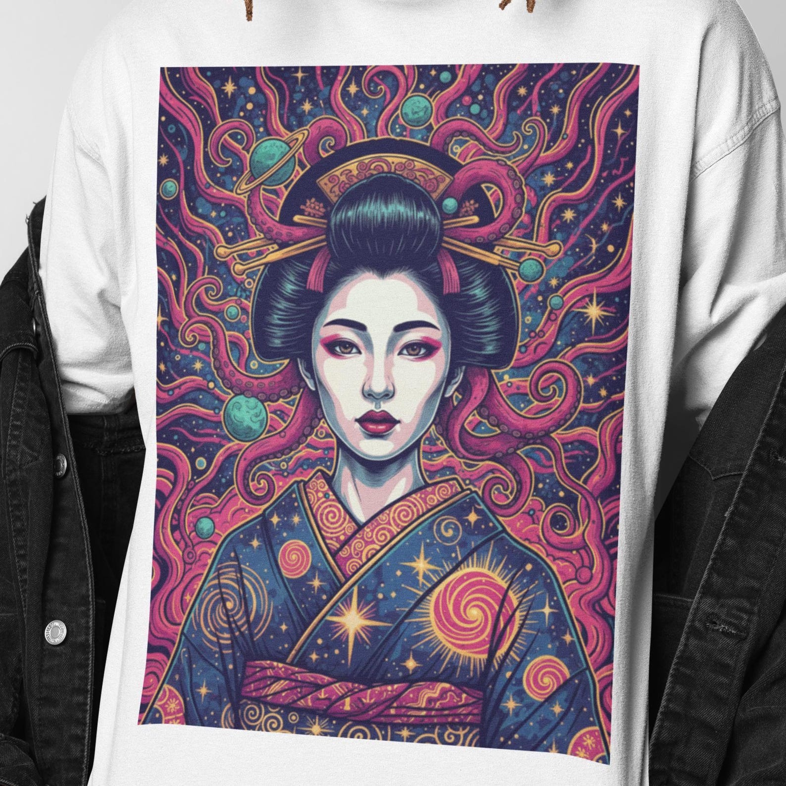 Psychedelic Geisha Surreal T-Shirt | Cosmic Geisha Art | Trippy Japanese Portrait Tee | Fantasy Graphic Shirt XL
