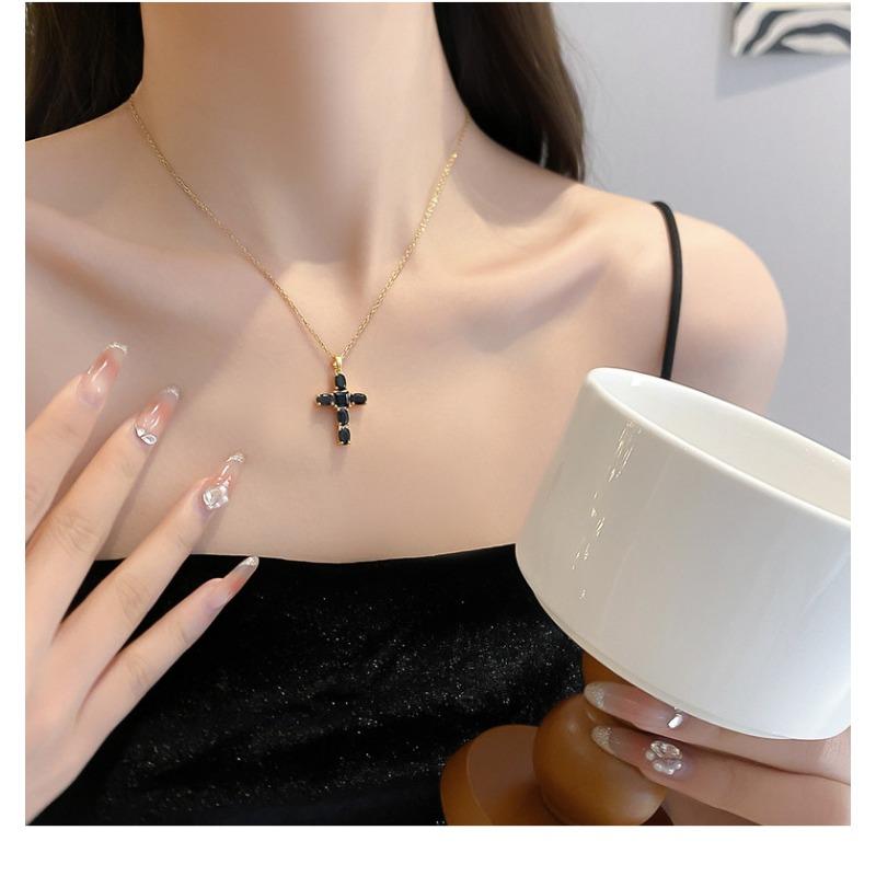 Gold Plated Zircon Cross Pendant Titanium Steel Clavicle Necklace For Women