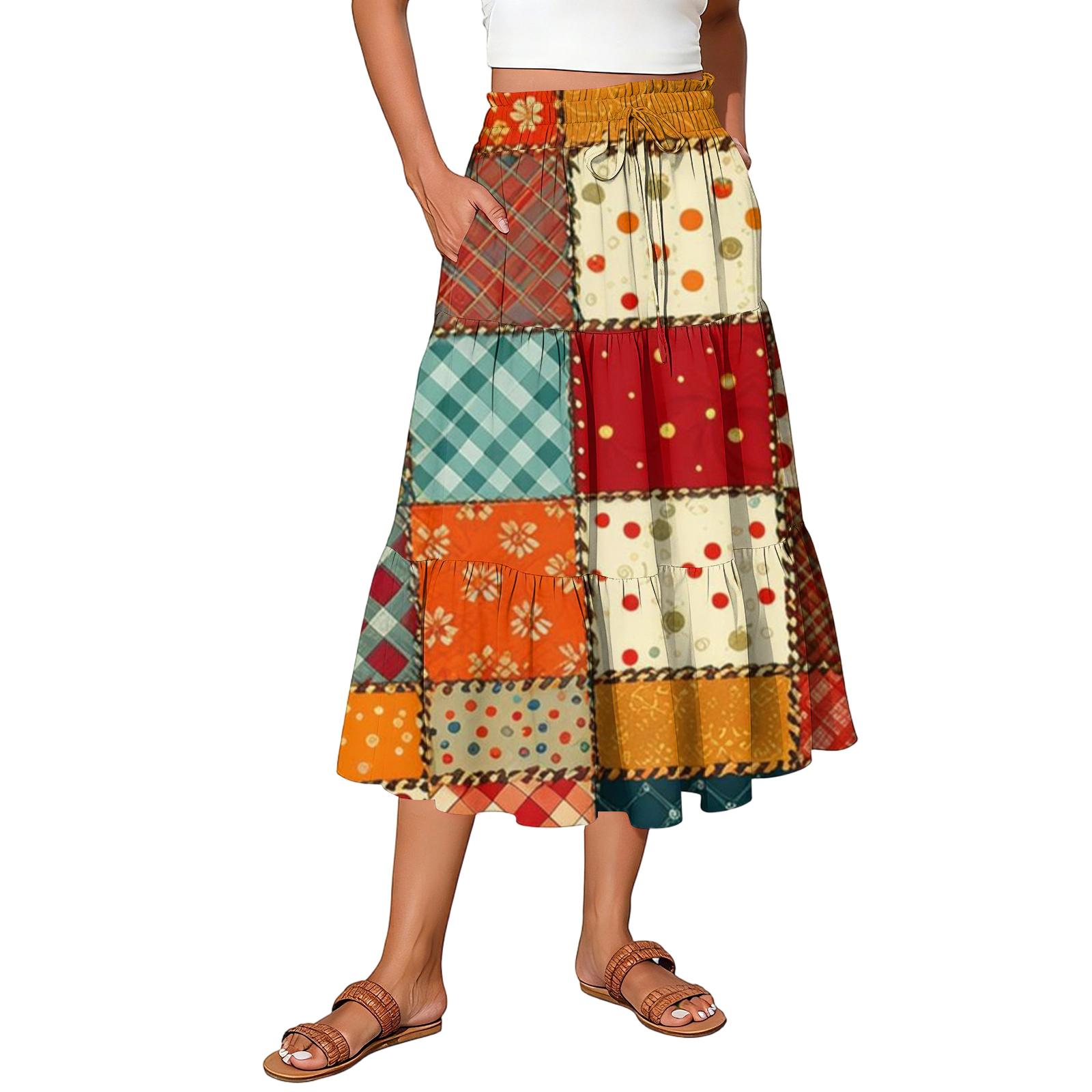 

Ladies plaid printed casual elastic waist drawstring skirt XL шафрановий