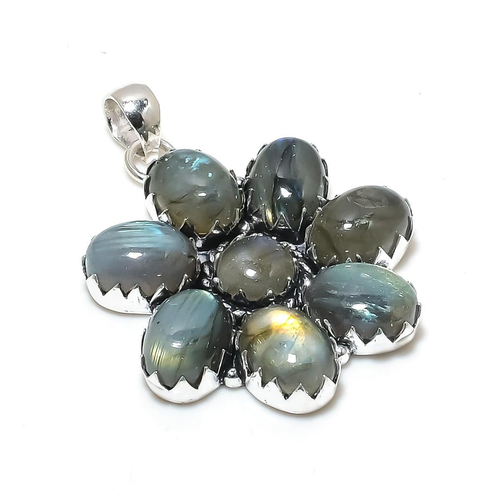 Natural Labradorite Gemstone Silver Flower Pendant In 925 Sterling Silver - Handmade Pear Design, Everyday Wear Jewelry Mother's Day Gift