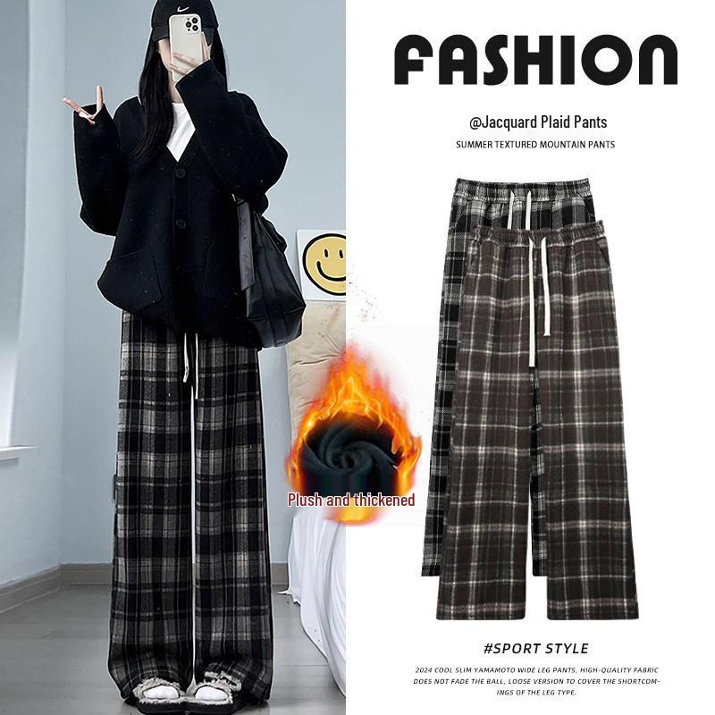 

Women s Retro Plaid High-Waisted Wide-Leg Pants with Velvet, Autumn/Winter Loose Casual Trousers. XXL (for 63-70 kg)