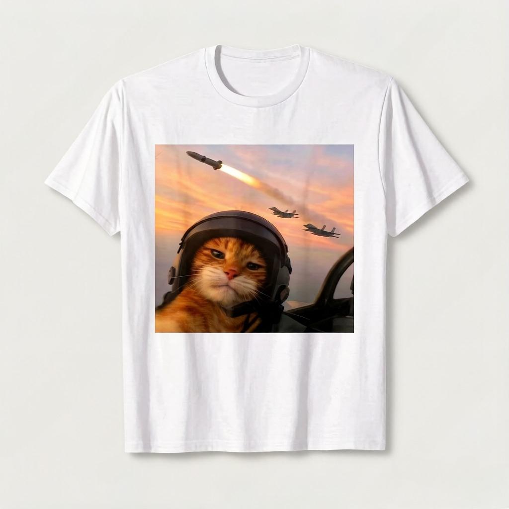 Selfie Squad Cat Warrior Pilot with A Sense of Humor Print Tshirt Funny Meme Cat Trend Funny Humor Tshirt Fashion Trend