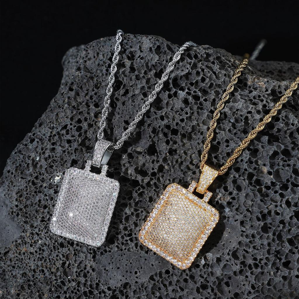 Explosive Copper Inlaid Zircon Full Diamond Military Brand Necklace, European and American Hip-hop Square Hanging Tag, Men's Trendy Accessory