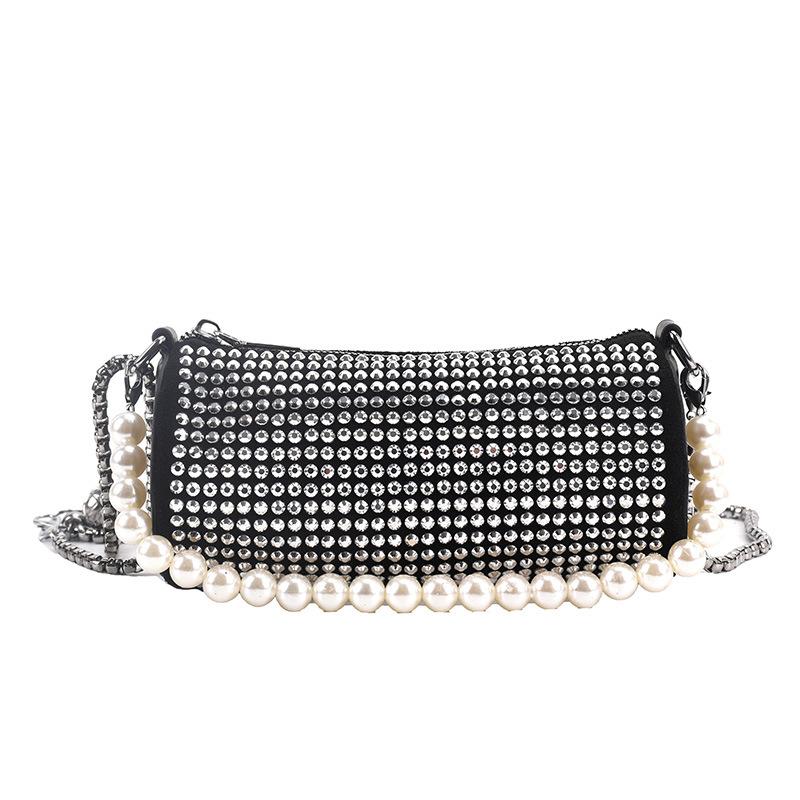 

Fashion Rhinestone & Pearl Chain Crossbody Bag – Phone Pouch with Zipper, Adjustable Strap for Shoulder or Hand Carry