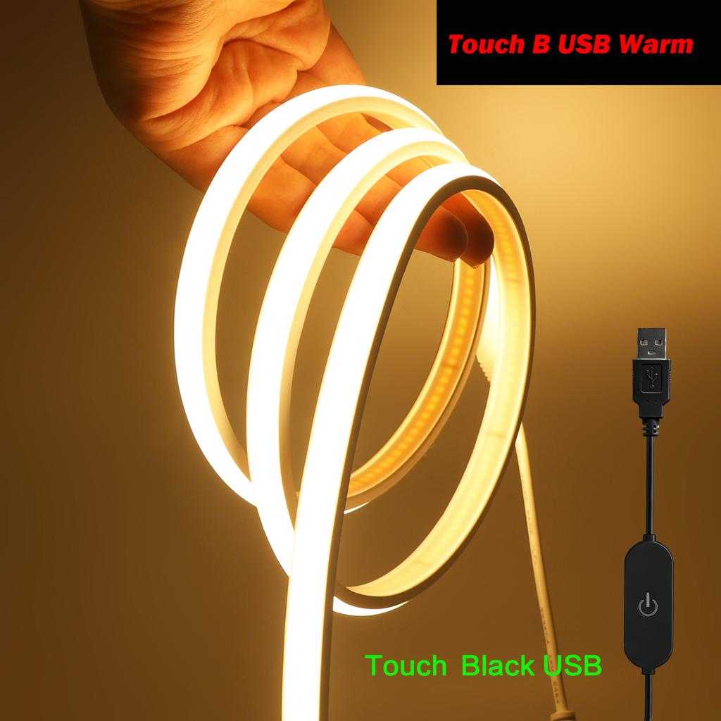 5v Dimmable COB LED Strip USB Dimmer Switch Touch White Natural Warm High Density Flexible Ribbon Tape 320LED/M Room Night Light