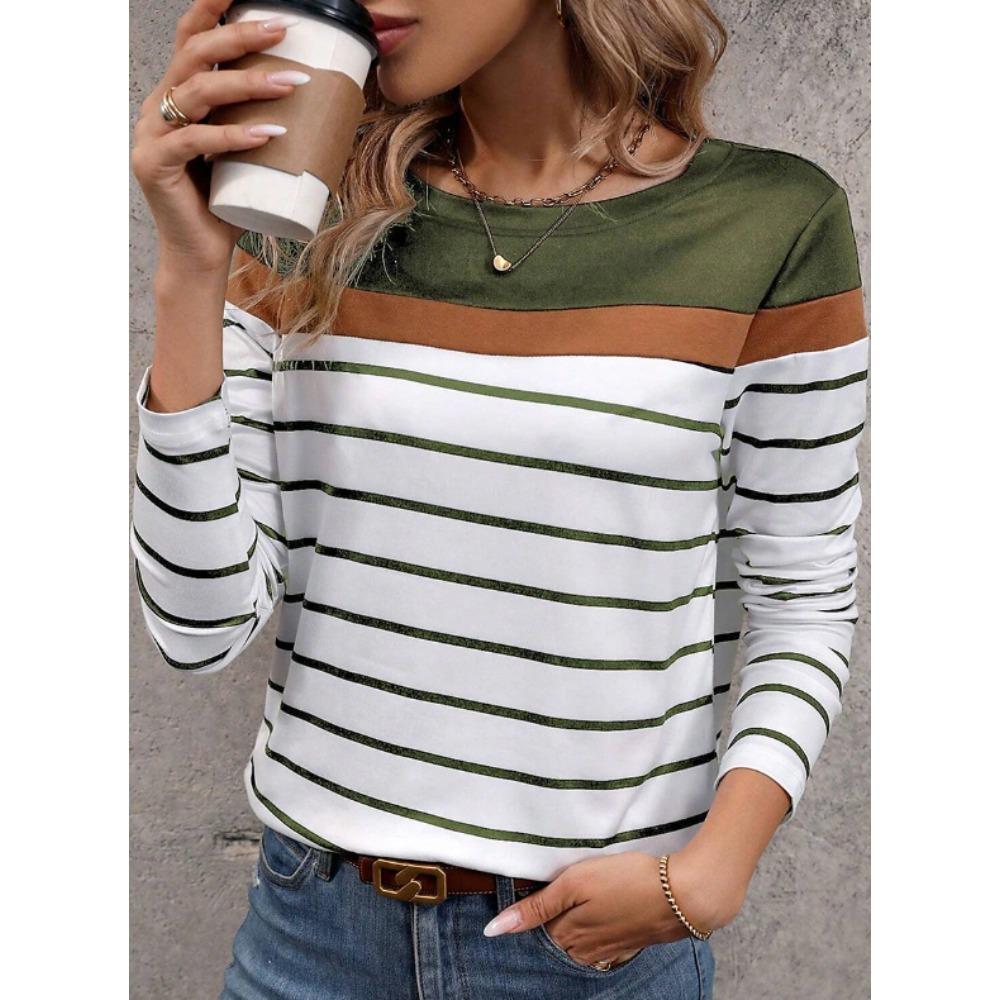 Tops for Women Striped Pattern Print Round Neck Long Sleeve T-shirt Fall Casual Slim Pullover Women's Long Sleeve Top