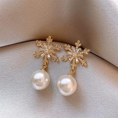 Luxury Imitation Pearl Zircon Snowflake Drop Earrings for Women Full Rhinestone Christmas Tree Earrings Girls Party Jewelry Gift