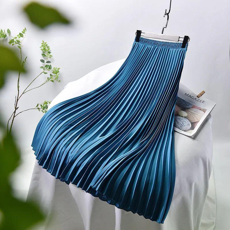 Pleated Skirt with Elastic Waistband Pleated High Waist Half-Length Female Elastic Waist Skirt